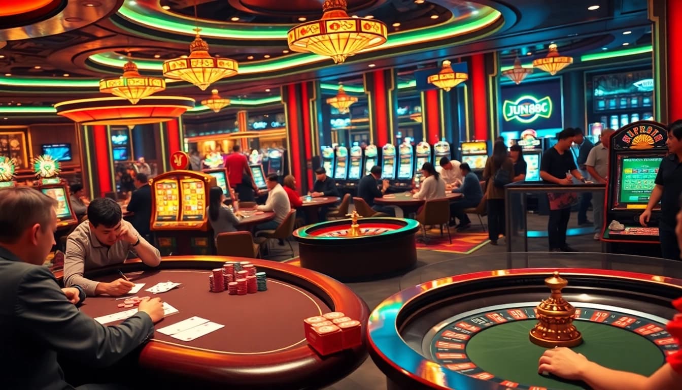 Experience the thrilling atmosphere of Jun88's casino with dynamic gameplay and vibrant colors.