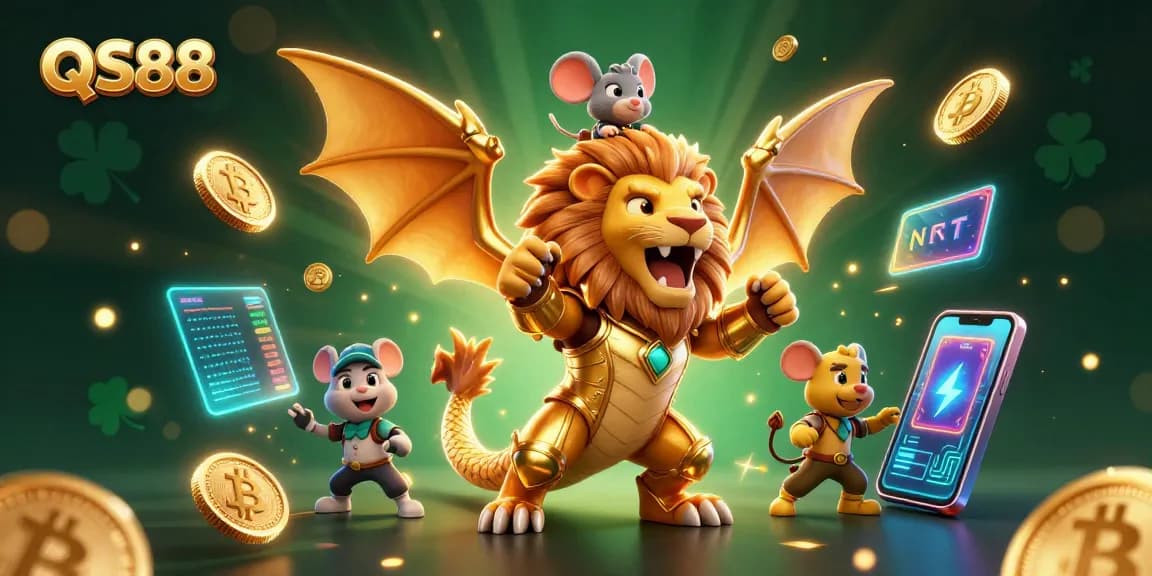 Tham gia trò chơi thú vị tại QS88 với hình ảnh sinh động của sinh vật huyền thoại và đồng tiền điện tử.