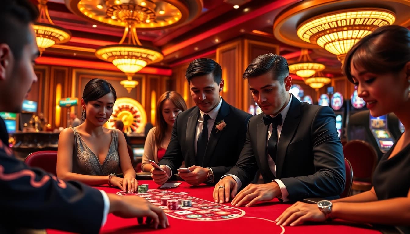 DH88 poker players engaging intensely in a high-stakes tournament at a luxurious casino.