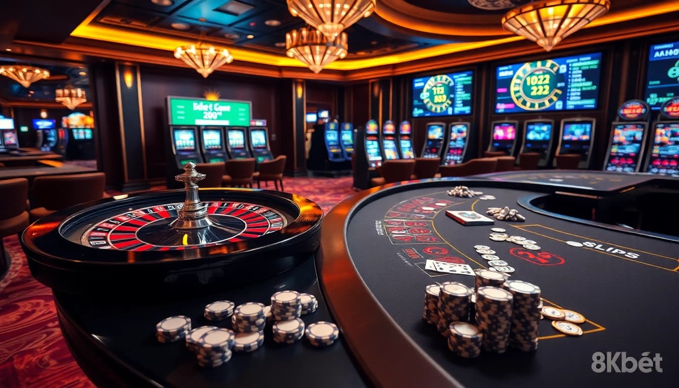 Experience the thrill of 8kbet at an extravagant casino with roulette, poker, and betting excitement.