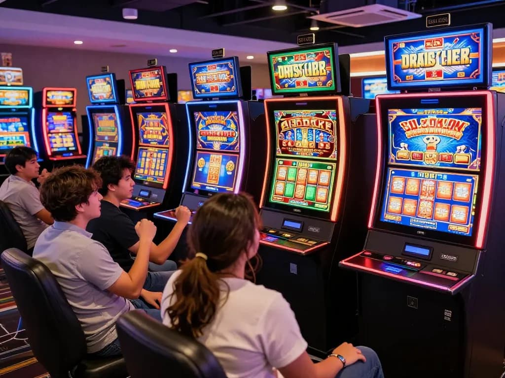 Excited players enjoying Zeus138 online slots in a vibrant casino setting, showcasing colorful machines and festive atmosphere.