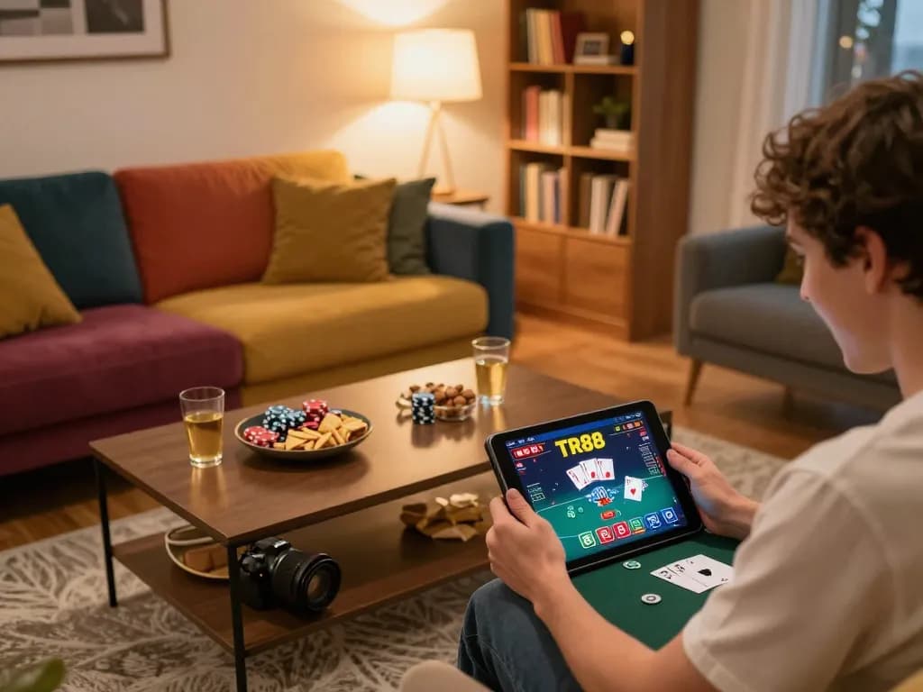 Player enjoying online TR88 poker game on tablet, surrounded by snacks and drinks