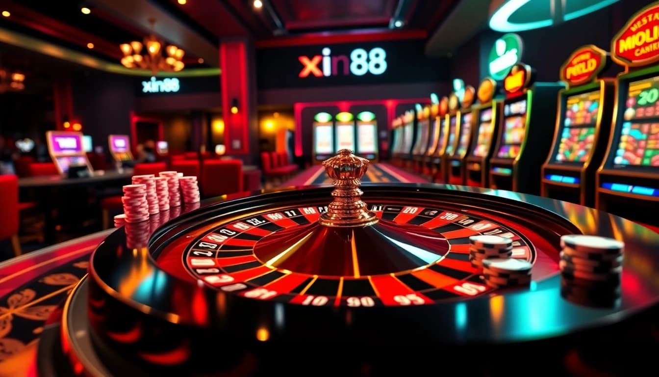 Experience thrilling online gambling at xin88 with vibrant casino tables and exciting game elements.