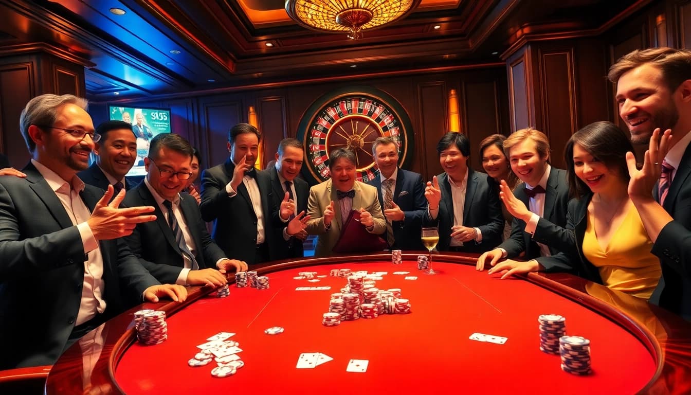 JL55 poker table bustling with excitement and high-stakes gambling action in a luxurious casino setting.