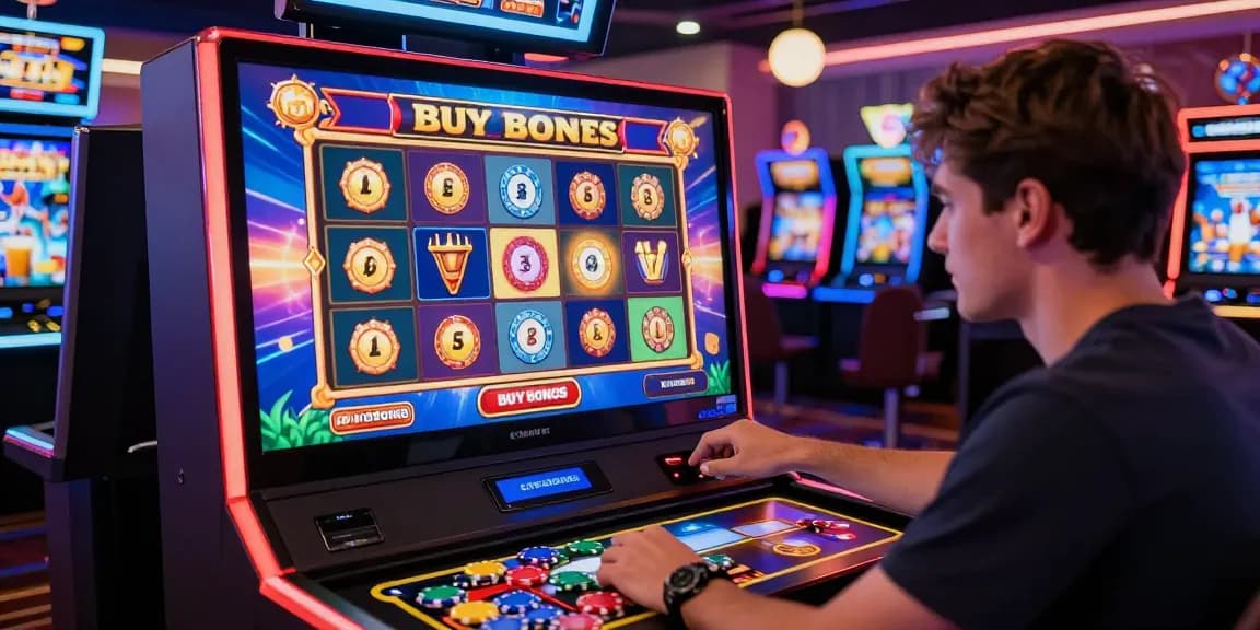 Exciting player engaging with bonus buy slots in a lively casino atmosphere.
