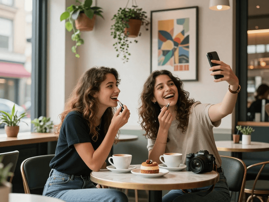 Hai phụ nữ trẻ vui vẻ trong quán cà phê, gợi nhớ đến gái gọi phong cách sống hiện đại.
