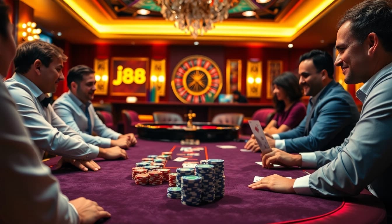 Excited players engaging at a j88 poker table in a luxurious casino setting.