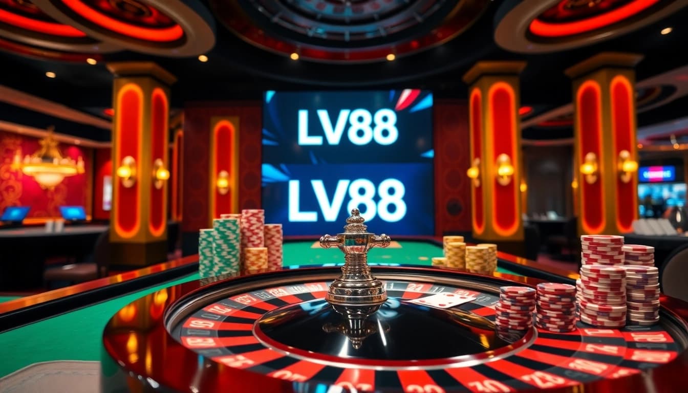 Experience thrilling games at LV88 with vibrant casino visuals featuring poker chips and a roulette wheel.