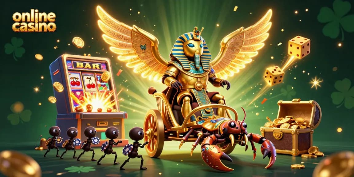 Experience the thrill of an online casino with a vibrant 3D illustration of a golden scarab beetle chariot and slot machine jackpot.
