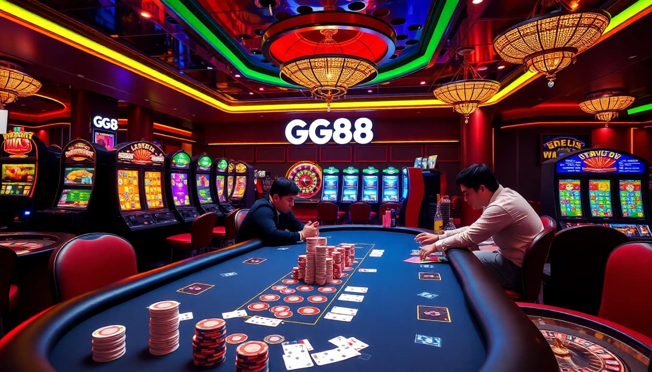 Players experiencing the thrill of poker at GG88 casino with vibrant ambiance and luxury.