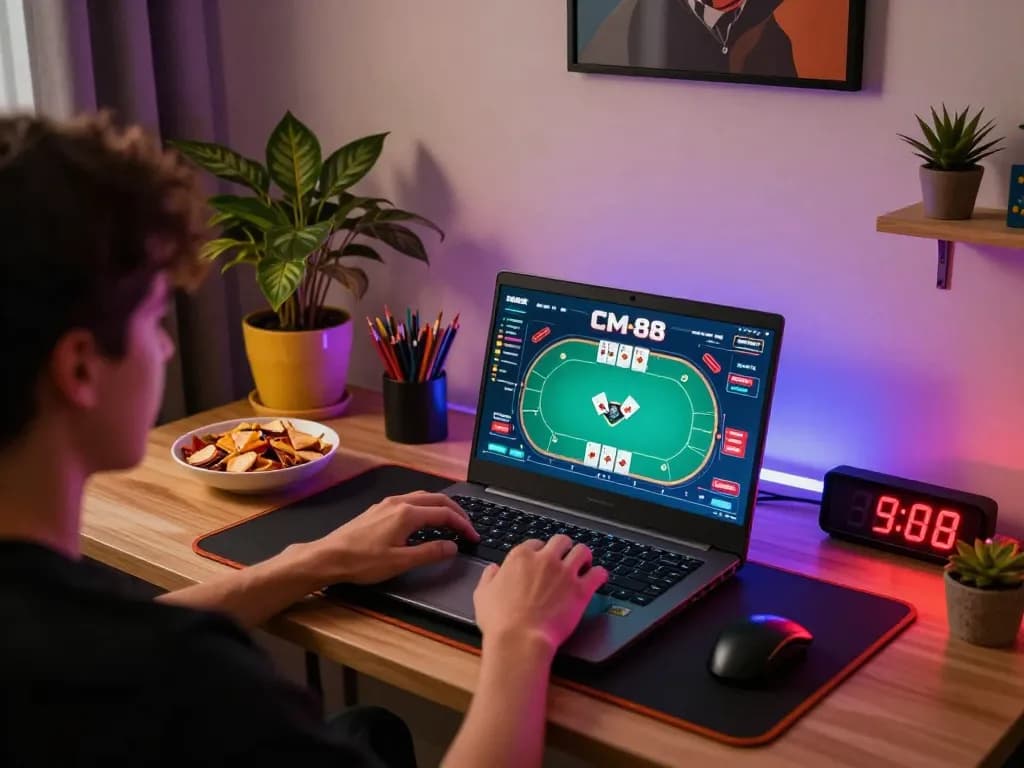 Engaging in a strategic online poker session at CM 88, showcasing a cozy home gaming setup