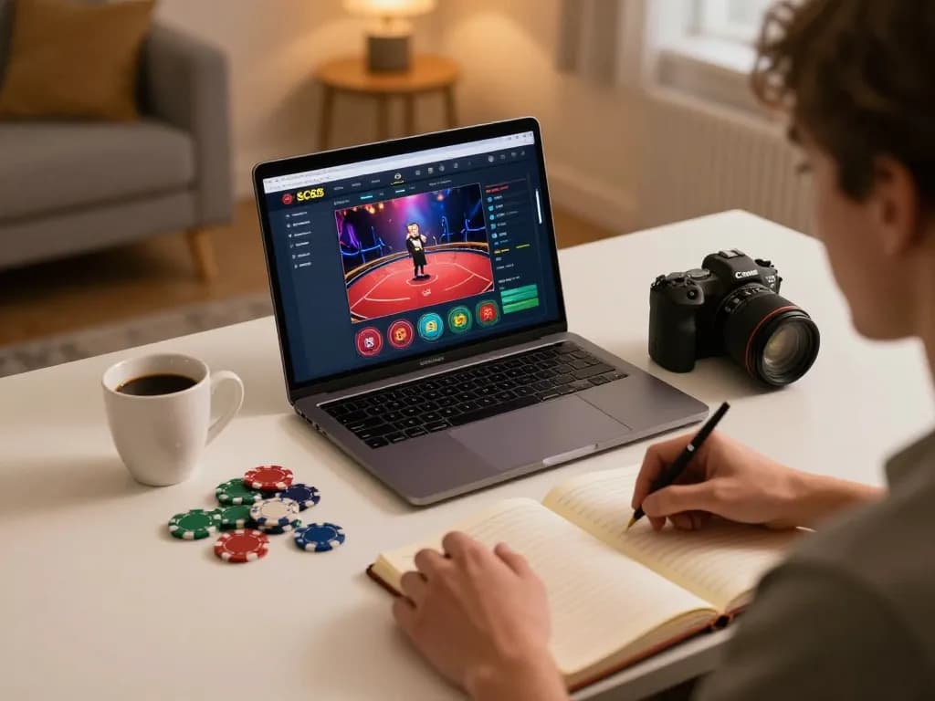 Player engaging with SC88's online casino game on laptop at a cozy home setup