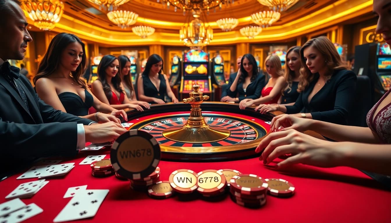 Play exciting games at the casino with WN678-themed poker chips and vivid roulette tables.