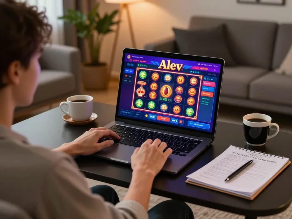 Alev Casino online gaming setup with player enjoying vibrant slot games on a laptop, promoting responsible gambling.