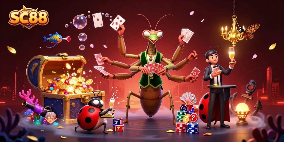 Experience SC88 excitement with a giant praying mantis card sharp in a vibrant casino scene.