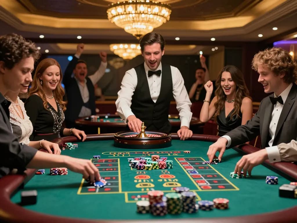 Pemain terlibat dalam kegembiraan roulette di kasino tante77, warna-warna cerah dan suasana yang hidup.