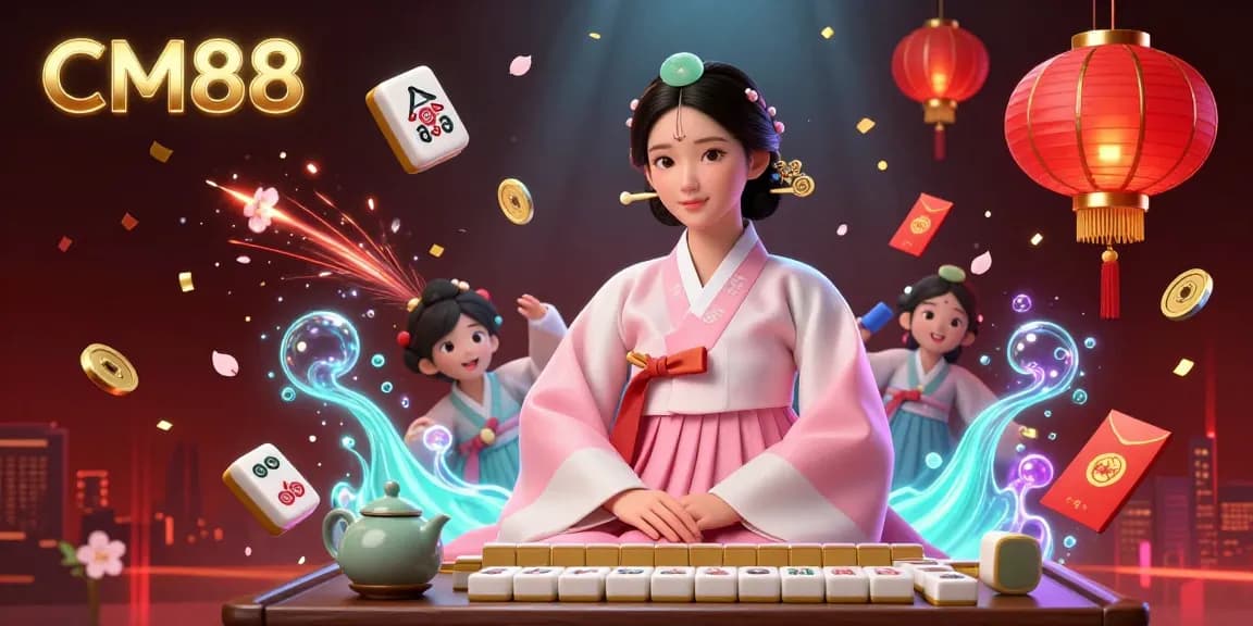 Engaging scene of CM88's online casino featuring floating mahjong tiles and elegant Asian woman in hanbok.