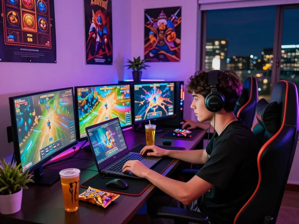 Gamer pria muda bermain laoban188 slot online dengan grafik yang cerah dan setup permainan.