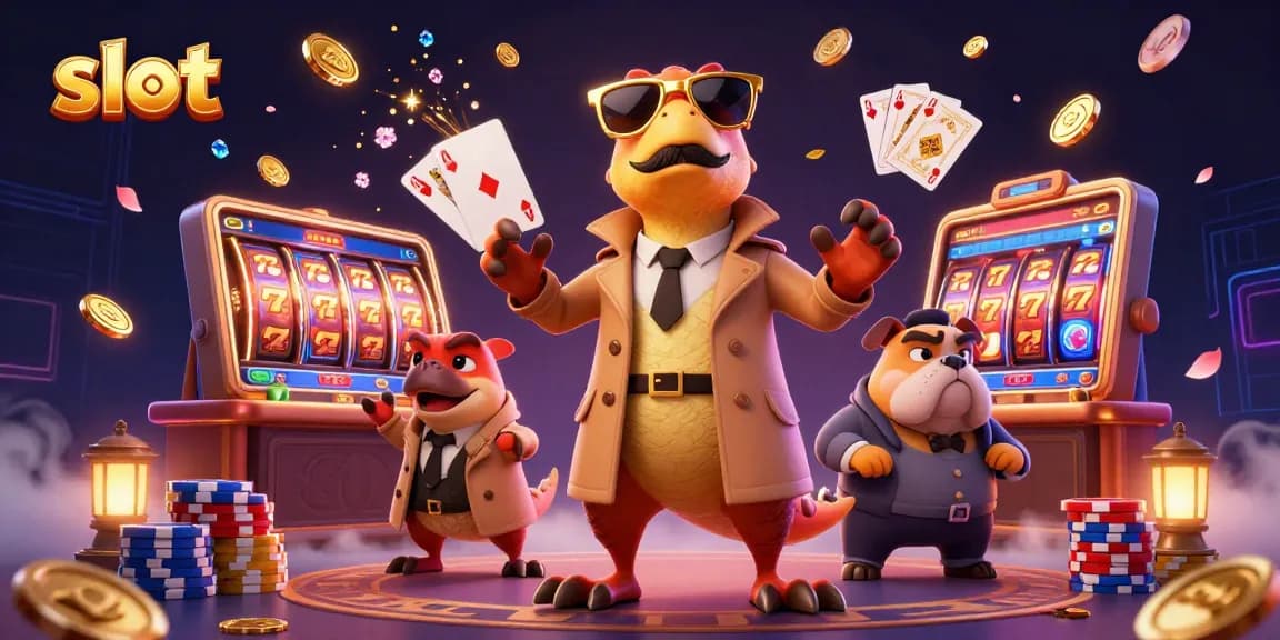 Spin lucky slot reels with colorful raptors in a dynamic casino scene filled with gold coins.
