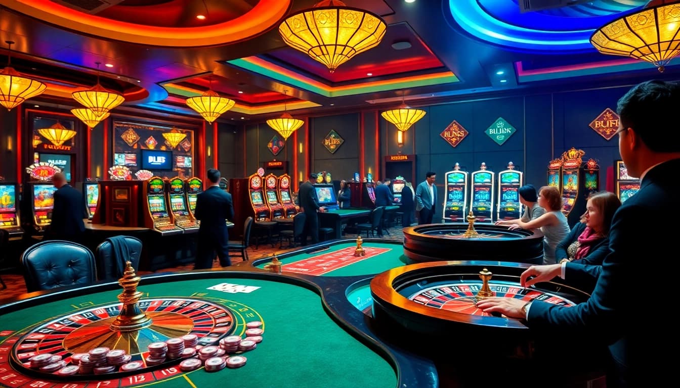 Experience the thrill of JL55 at an opulent casino, featuring vibrant tables and slot machines.