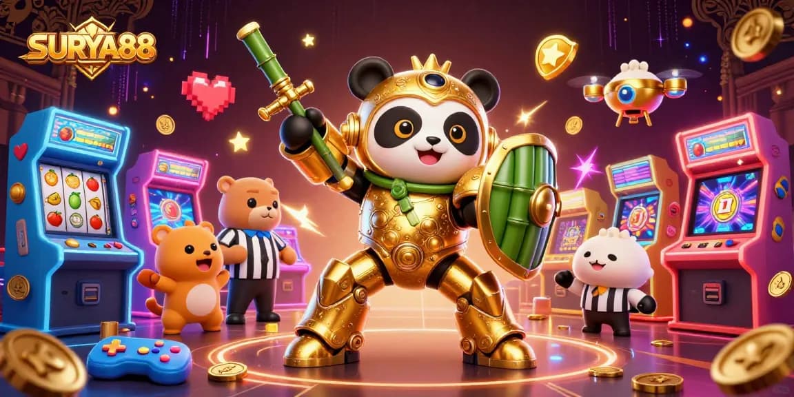 SURYA88 energizes players with a vibrant 3D image of a golden panda robot amid colorful slot game elements.