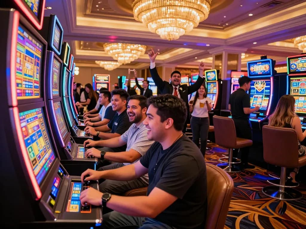 Enthusiastic players at a link slot machine celebrating wins in a vibrant casino environment.