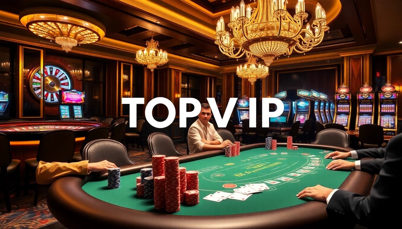 Engage in thrilling Blackjack at TOPVIP's luxurious casino with vibrant poker chips and elegant décor.