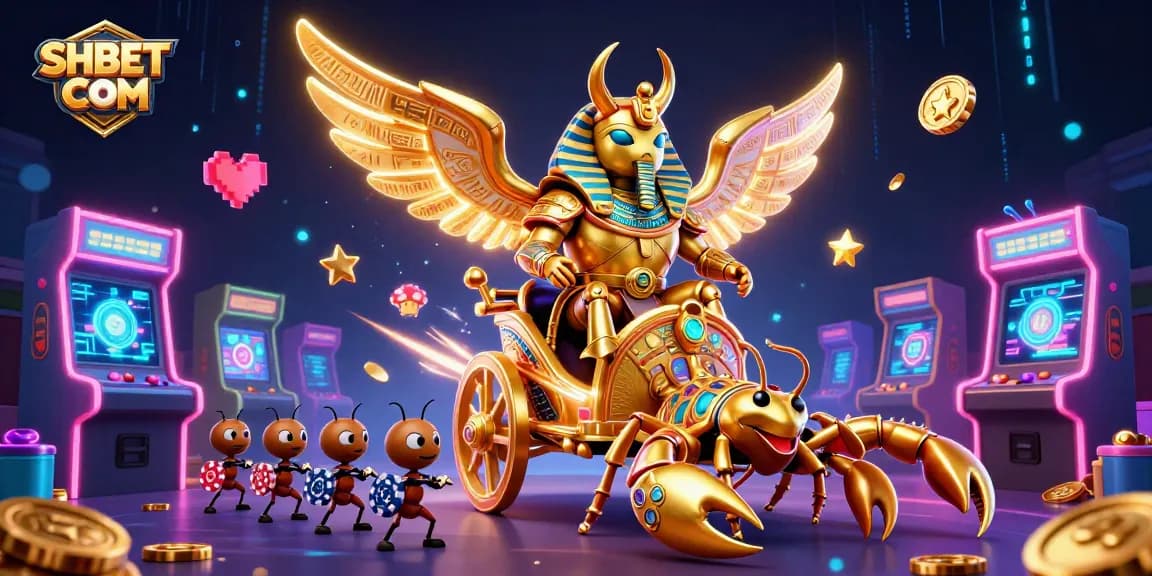 Engage in thrilling slots at SHBET COM with a vibrant 3D casino scene featuring gold and jewels.