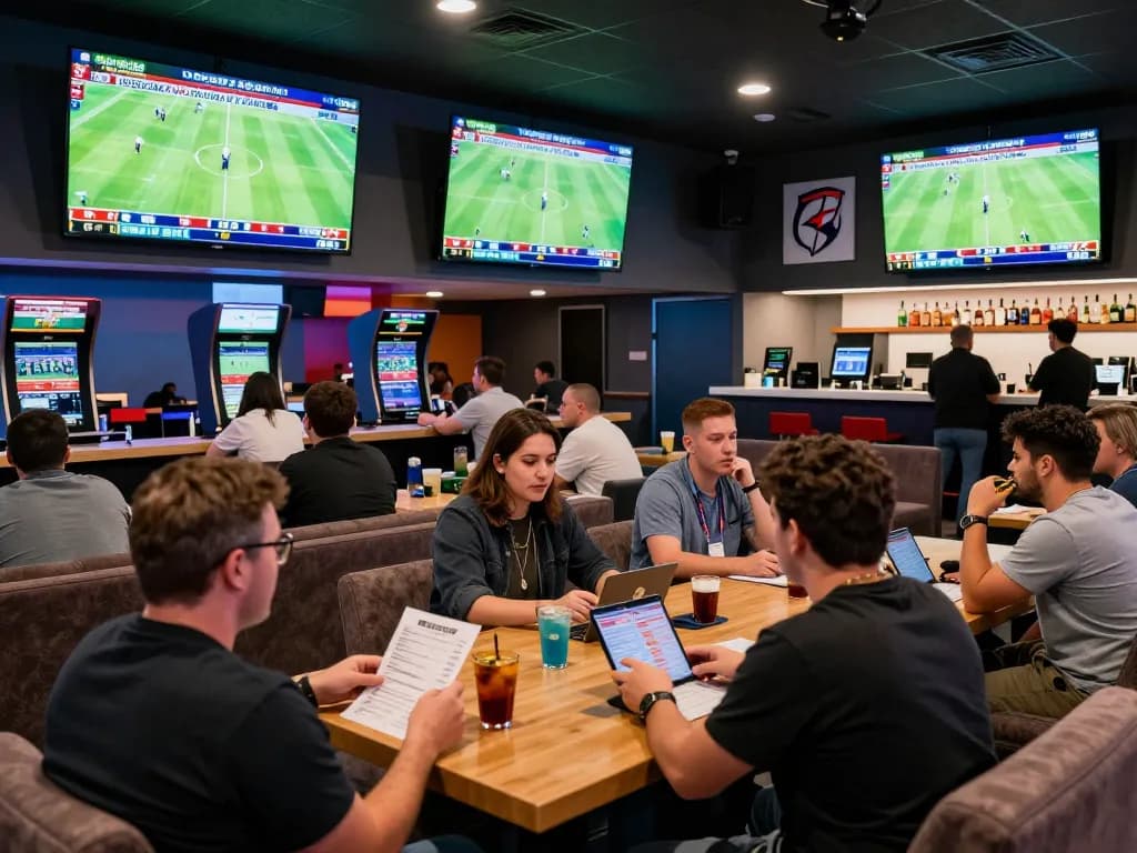 Engaging scene of kèo bóng đá hôm nay in a sports betting lounge with bettors making decisions.