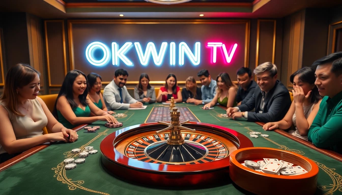 Experience thrilling gameplay at OKWIN TV's casino table with vibrant roulette and excited players.