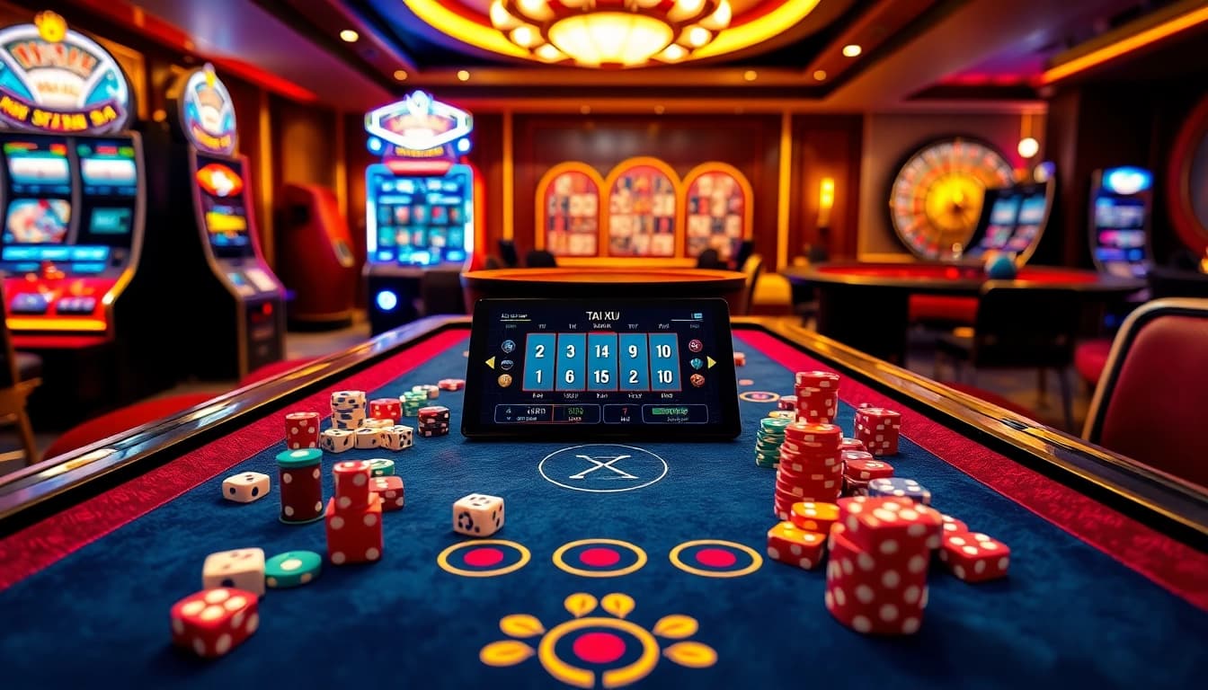 Experience the thrill of tai xiu online at an opulent casino table filled with dice and chips.