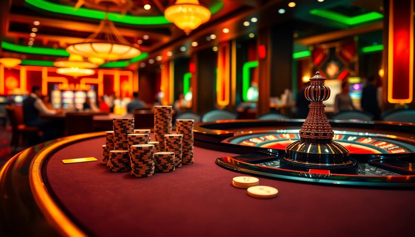 Experience exciting gameplay at BK8's premier casino table with poker chips and cards.