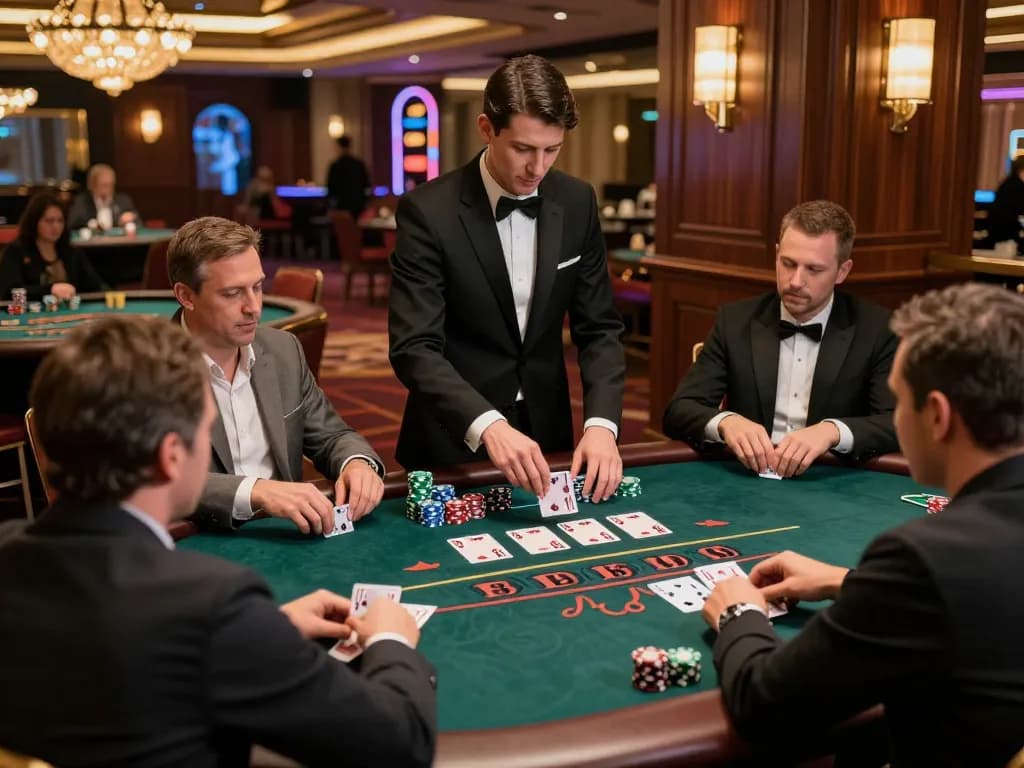 Exciting blackjack session at a Go8 casino table with players strategizing and chips stacked high.