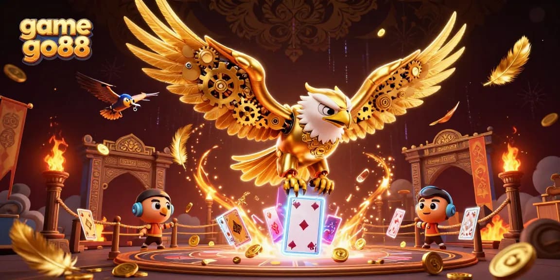 Experience the excitement of game go88 with a dynamic 3D illustration featuring a cybernetic eagle and holographic cards.