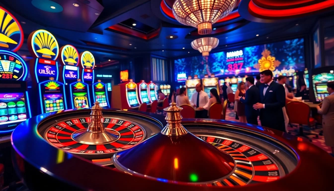 Players winning big at MM88 casino with roulette and slot machines in view.