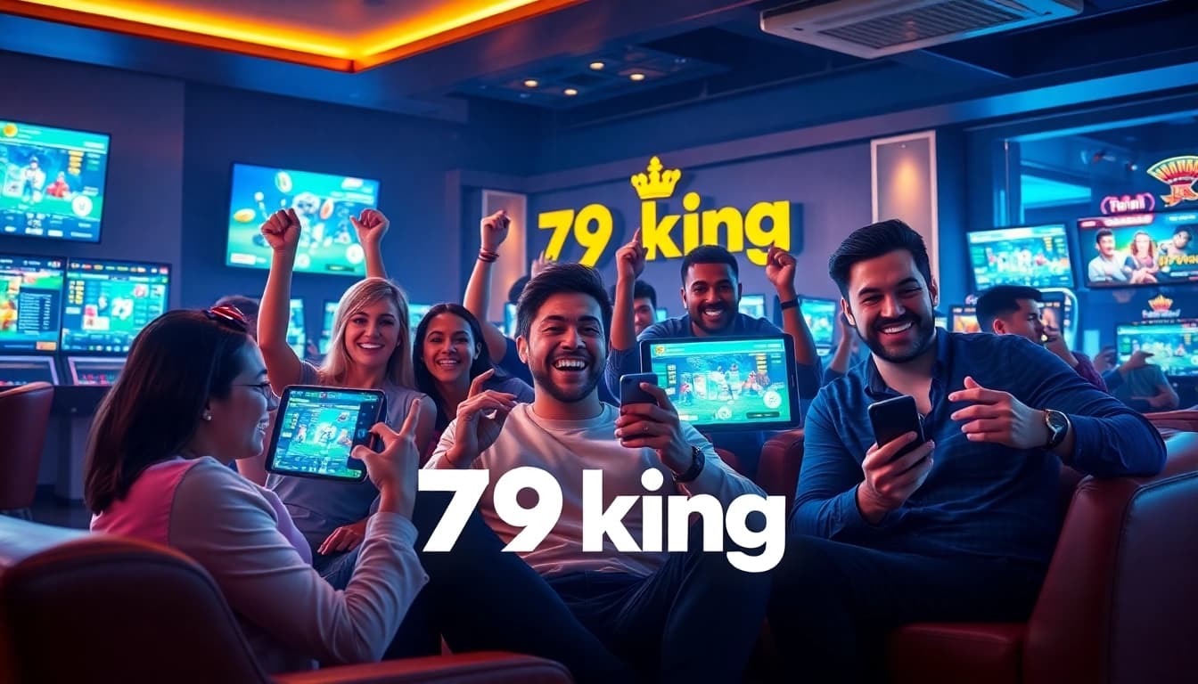 Exciting scene of diverse players enjoying 79king online gambling platform, highlighting modern gaming.