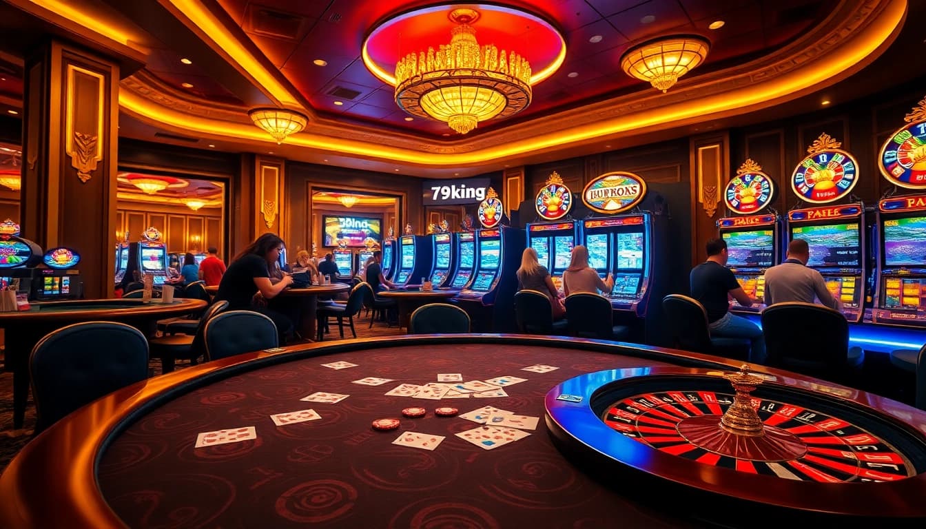 79king poker table with high-quality cards and chips amid a vibrant casino atmosphere.