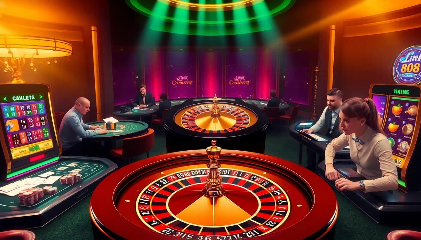 Players engaging at a luxurious casino scene with Link FLY88 roulette and slots.