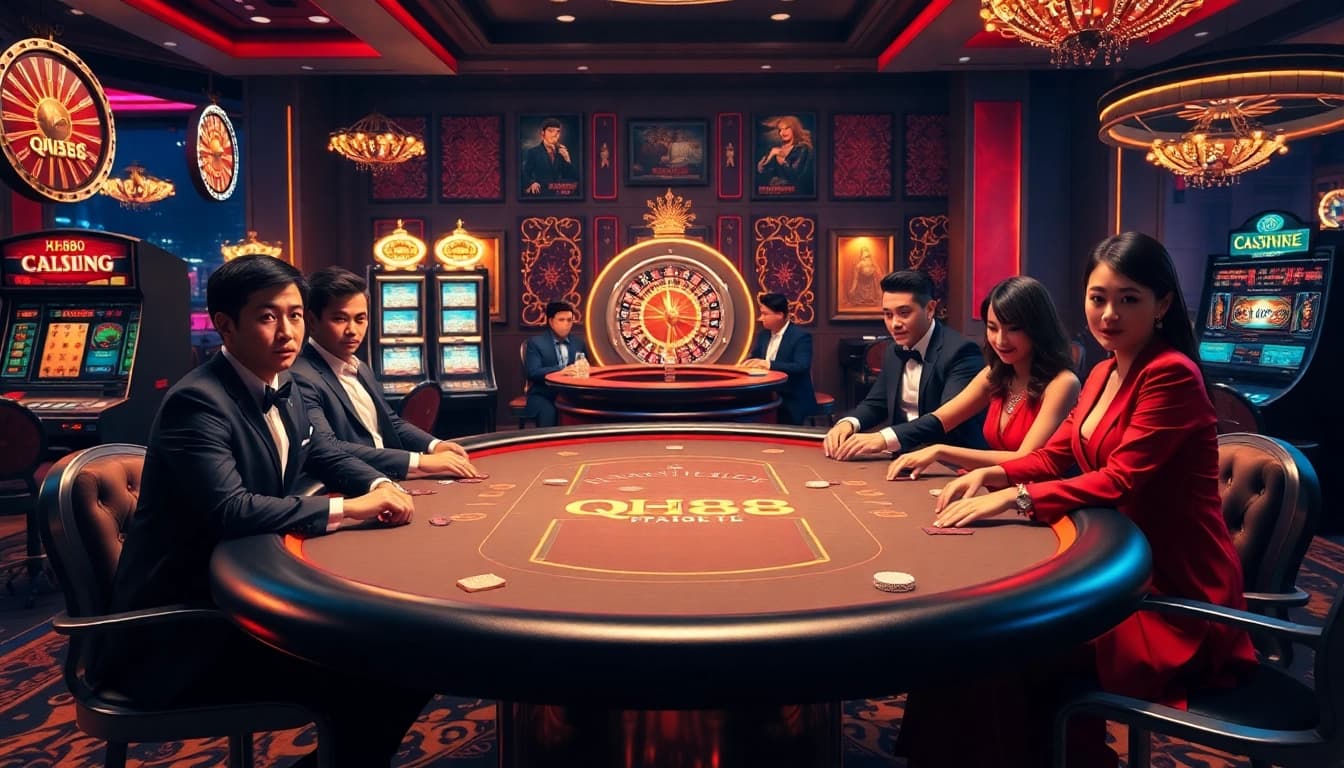Players experiencing the excitement of QH88 at a luxurious casino poker table filled with chips and cards.