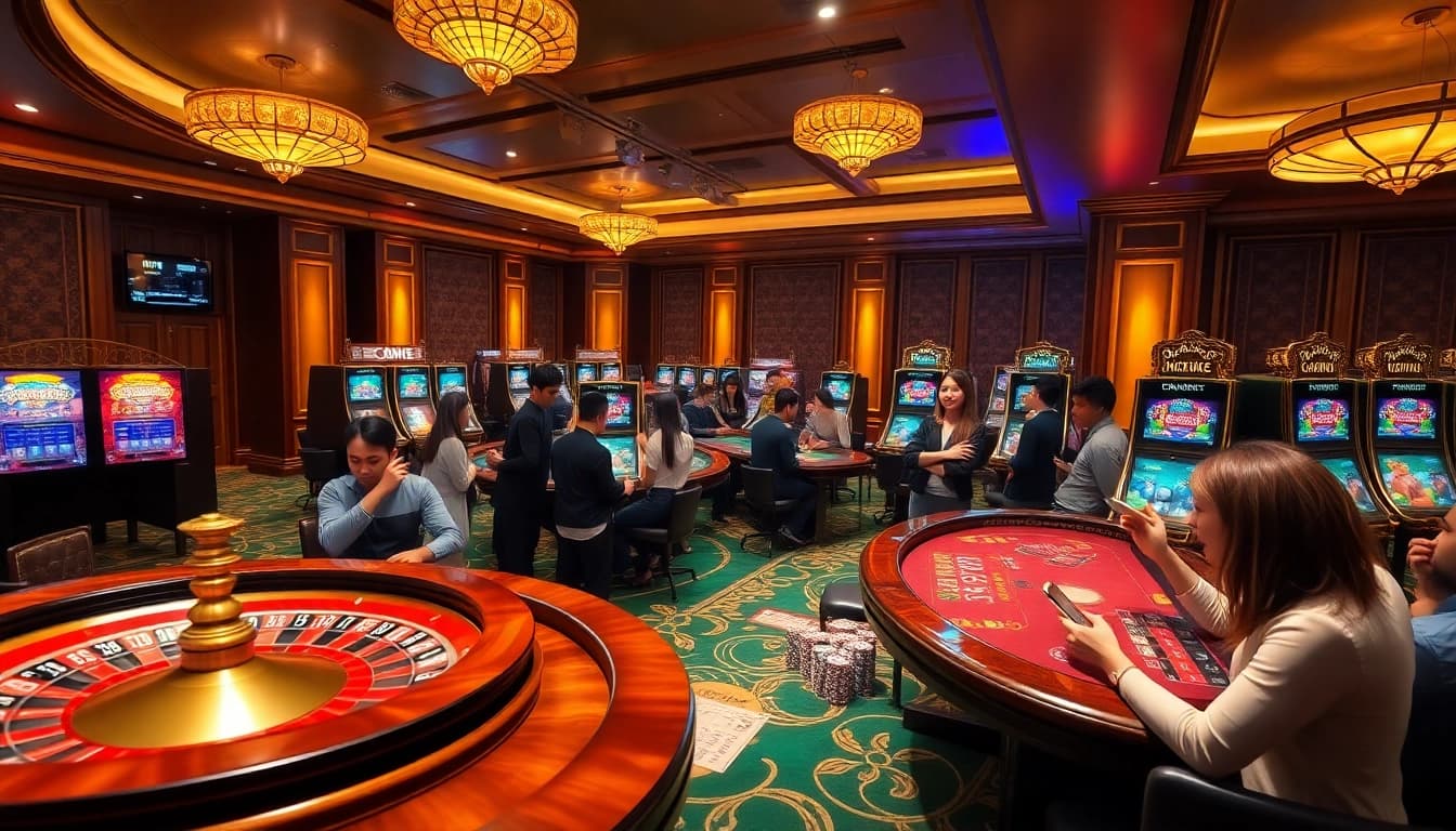 Engaging scene of nhà cái NOHU casino with players enjoying thrilling games and vibrant slot machines.