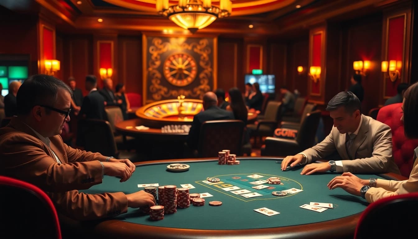 Players enjoying high-stakes poker at Go88 casino, showcasing vibrant chips and cards.
