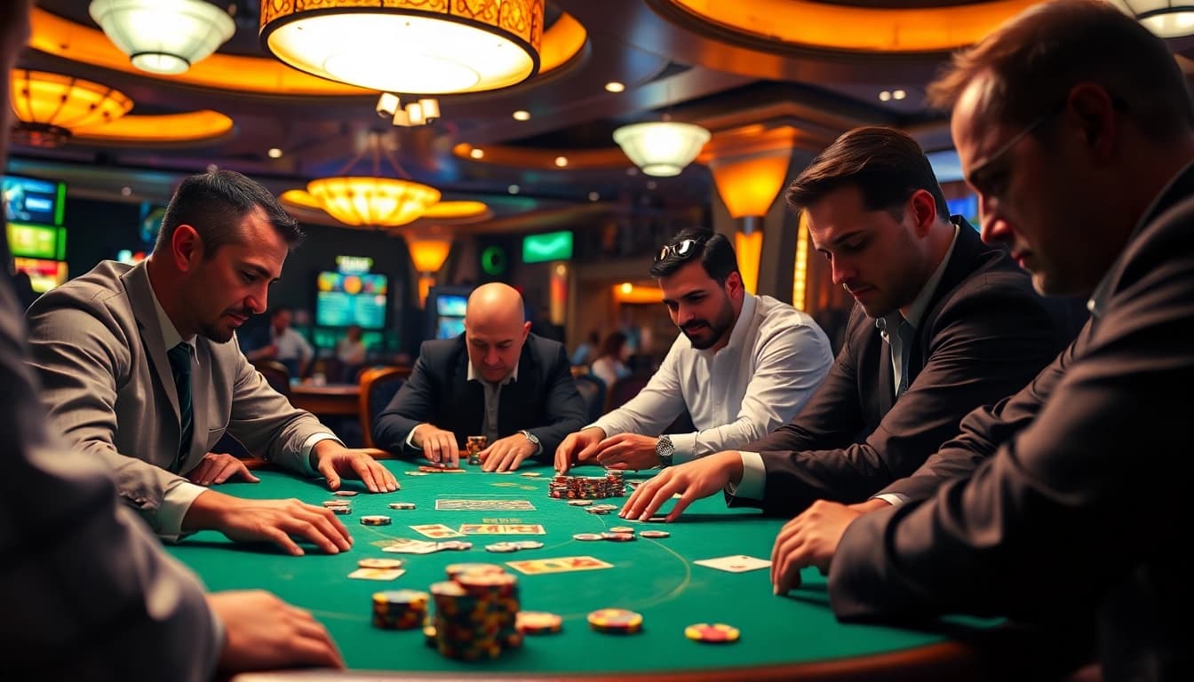 Engaged players at e2bet vip poker table in a vibrant casino atmosphere.