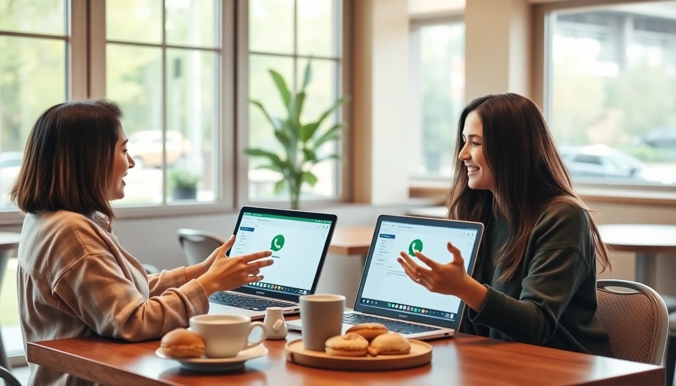 在咖啡馆使用 WhatsApp Web 与朋友进行热烈对话，界面展示快连官网的消息界面。