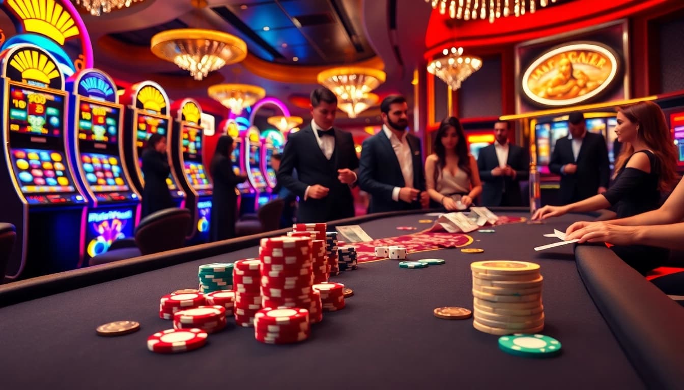 Nohu90 gaming table with poker chips and vibrant slot machines in a luxurious casino setting.