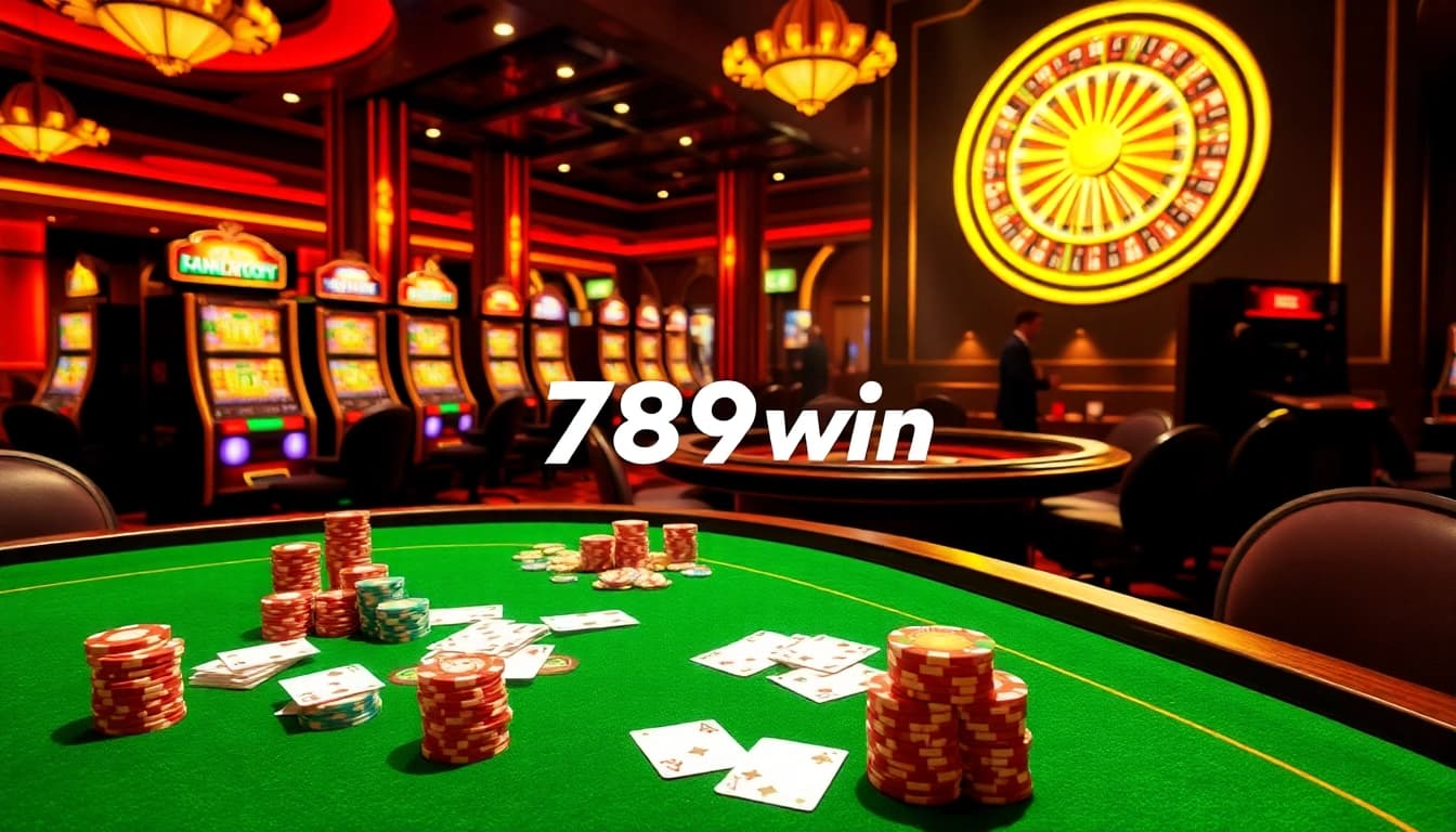 Experience the thrill of 789win with luxurious casino tables, vibrant chips, and glowing slot machines.