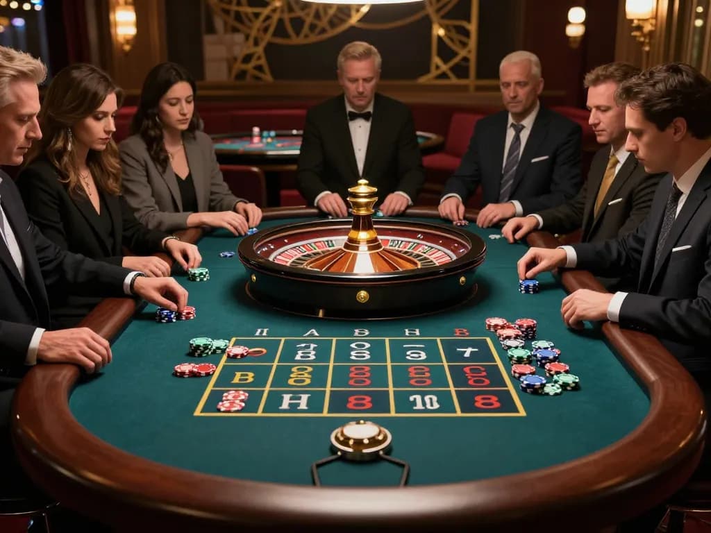 98win đăng nhập at an elegant roulette table with spinning wheel and eager players
