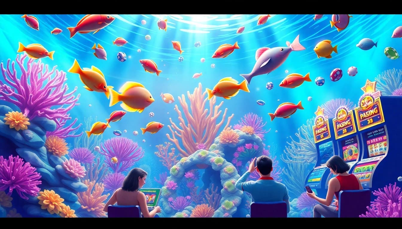 Bắn cá đổi thưởng game featuring vibrant sea life and casino elements in an exciting underwater setting.