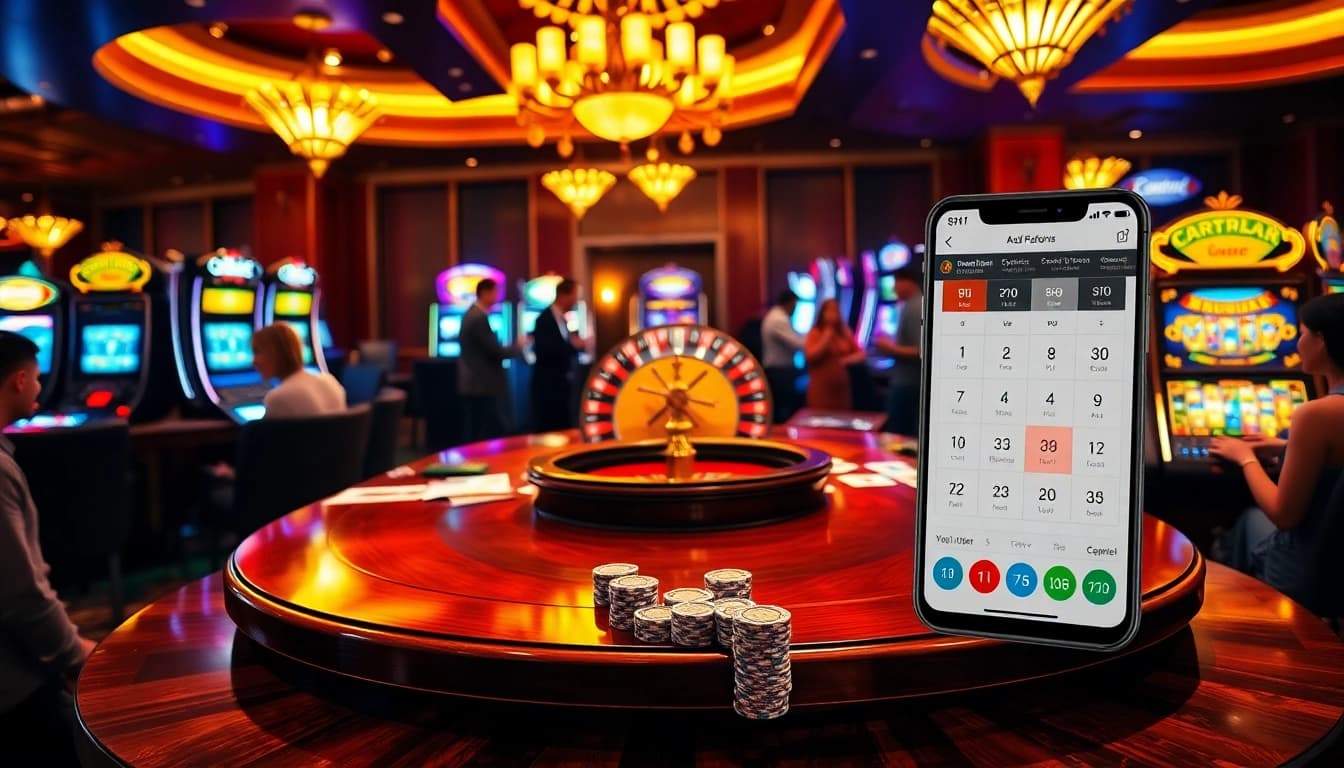 S8 casino app displayed on a smartphone amidst a vibrant gaming environment with cards and chips.