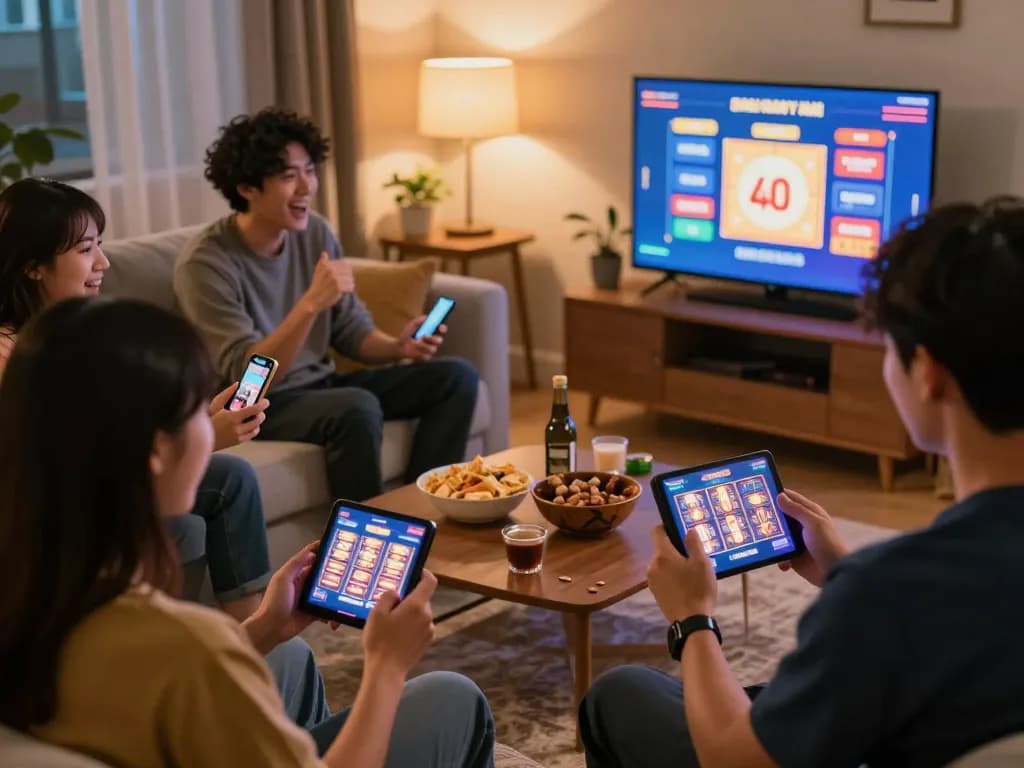 Engaging gamers enjoying toto slot games on their mobile devices in a cozy home atmosphere.