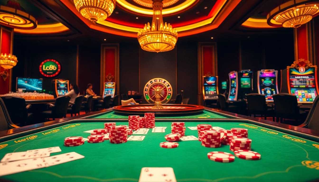Players enjoying thrilling games at lc88's luxurious casino, featuring poker and slot machines.